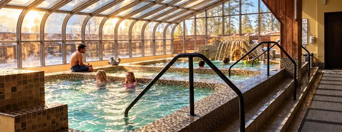 The indoor pools under the glass roof at Bozeman Hot Springs