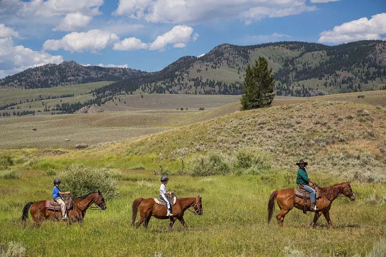 Riders on a trail through open sagebrush country