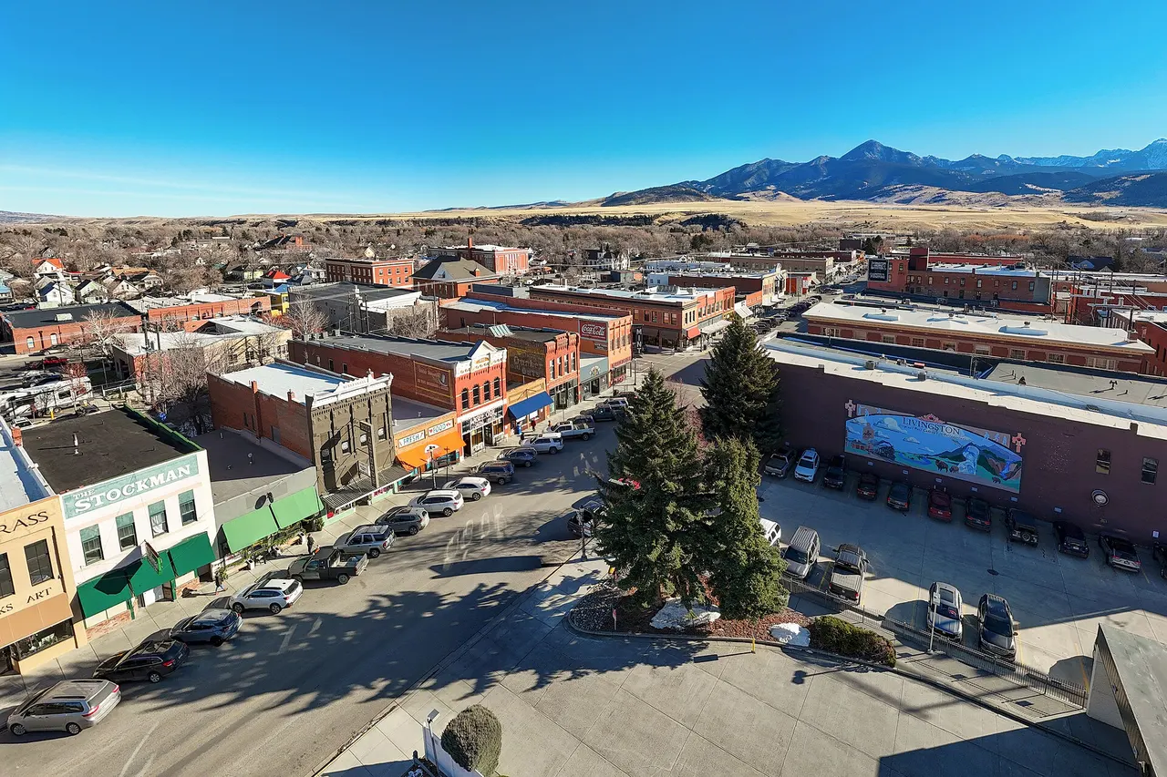 Aerial view of downtown Livingston, Montana, with the Absaroka Range behind