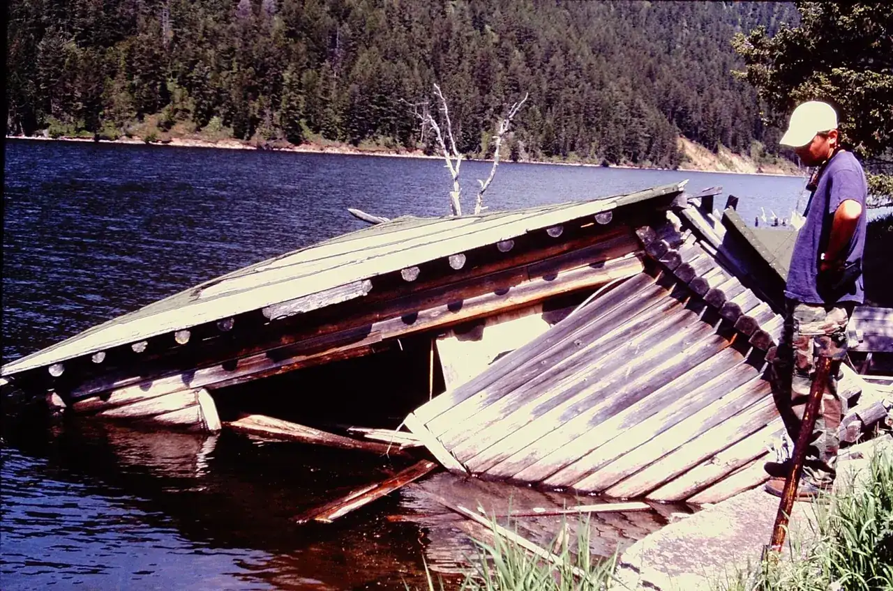 A cabin toppled by the 1959 Hebgen Lake earthquake at Earthquake Lake